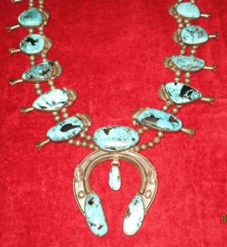 Vintage Hallmarked Sterling Silver & Turquoise Squash Blossom Necklace 11