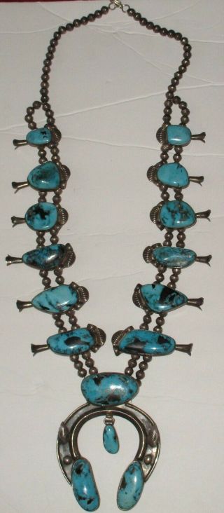 Vintage Hallmarked Sterling Silver & Turquoise Squash Blossom Necklace