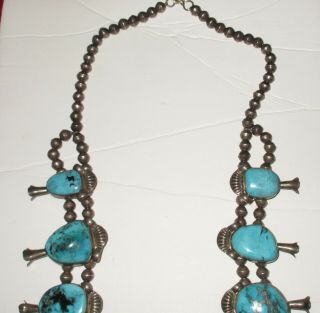 Vintage Hallmarked Sterling Silver & Turquoise Squash Blossom Necklace 6