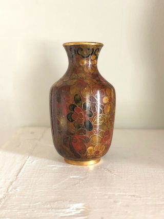 Antique Chinese Gilt Metal Cloisonne & Enamel Miniat Vase Brown & Gold Floral