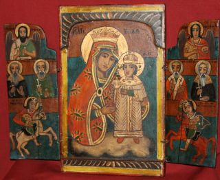 Vintage Hand Painted Tempera/wood Triptych Icon Virgin Mary Christ Child
