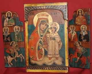 Vintage Hand Painted Tempera/Wood Triptych Icon Virgin Mary Christ Child 2