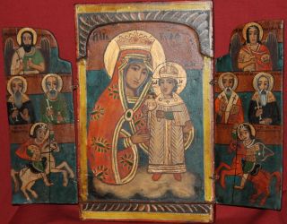Vintage Hand Painted Tempera/Wood Triptych Icon Virgin Mary Christ Child 3