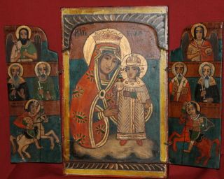 Vintage Hand Painted Tempera/Wood Triptych Icon Virgin Mary Christ Child 4