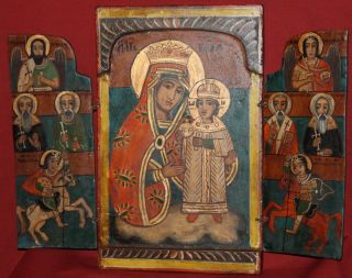 Vintage Hand Painted Tempera/Wood Triptych Icon Virgin Mary Christ Child 5