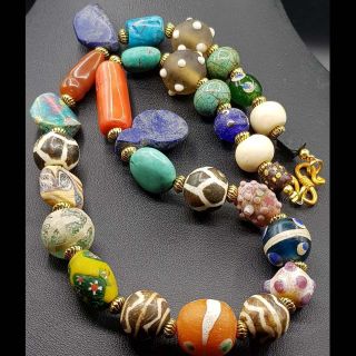 Antique Rare Lovely Stone,  Wood & Mosaic Glass Beads Necklace 54