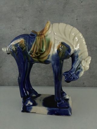 Vintage Trio - Colored Glazed Pottery Horse Of Tang Dynasty H: 6” (15cm),  W:2” (5cm)