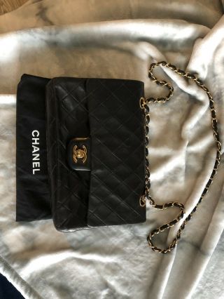 Authentic Chanel Vintage Medium Lambskin Double Flap Black Bag