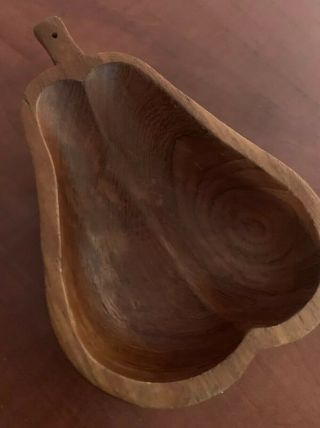 Hand Carved Pear Shaped Footed Wooden Bowl Vintage Dark Wood 2