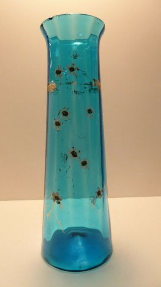 Blue Turquoise Victorian Glass Vase Hand Painted Enamel Flower