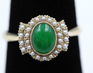 Vintage 14k Yellow Gold Top Grade Green Jade & 26 Seed Pearls Size 6.  5 Ring