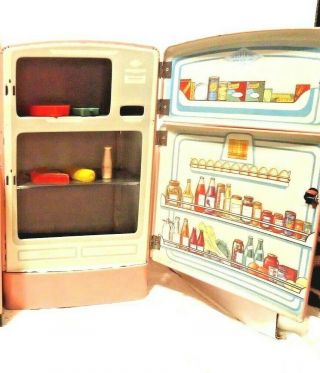 Tin Litho Toy Pink Kitchen Refrigerator W/food Wolverine 50s