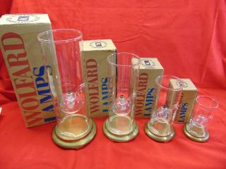 Set Of 4 Vintage Wolfard Oil Lamps Hand Blown Glass 15 " 12 " 9 " 6 " W/ Brass Base