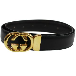 Gucci Gg Logos Gold Buckle Black Belt 42 Leather Italy Vintage Authentic O419 M