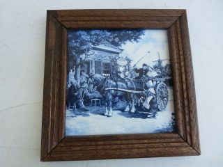 Framed Holland Tile Blue And White Printed Horse And Carriage Scene