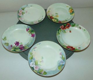 Five Antique French Haviland Liomoges Hand Painted Floral Plates