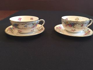 Bavaria Germany U.  S.  Zone 2 Vintage Tea Cups & Saucers Gilt Trim Floral Pattern