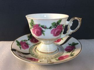 Vintage Footed Miniature Tea Cup And Saucer Pink Roses Made In Japan