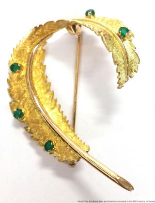Vintage Mid Century 14k Yellow Gold Chrysoprase Feather Spray Brooch Pin 9.  5g