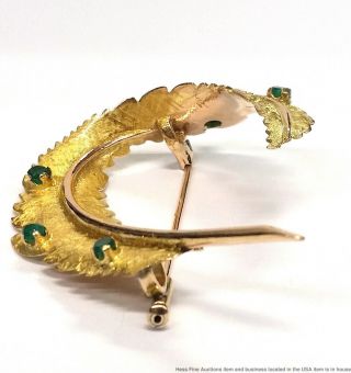 Vintage Mid Century 14K Yellow Gold Chrysoprase Feather Spray Brooch Pin 9.  5g 2