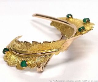 Vintage Mid Century 14K Yellow Gold Chrysoprase Feather Spray Brooch Pin 9.  5g 4