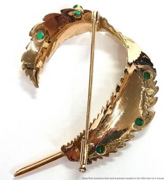 Vintage Mid Century 14K Yellow Gold Chrysoprase Feather Spray Brooch Pin 9.  5g 6