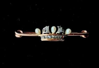 Antique 15ct Rose Gold Diamond & Pearl Crown Brooch Pin