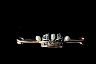 Antique 15ct Rose Gold Diamond & Pearl CROWN Brooch Pin 3
