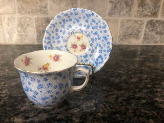 Foley Vintage Bone China Tea Cup And Saucer Blue And Gold Trim Rose Center
