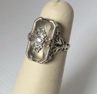 Vintage Art Deco 14k White Gold Camphor Glass & Diamond Filigree Ring