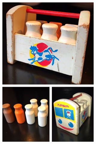 Vintage Playskool Wooden Milk Crate Toy With 6 Six Wooden Milk And Juice Bottles