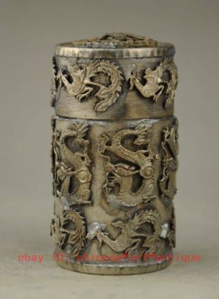 Old Chinese Copper Plating Silver Dragon Phoenix Coccoloba Toothpick Box A02