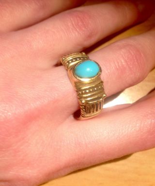 Vintage 14k Real Yellow Gold Natural Turquoise Stone Ring Size 9 Made In Israel