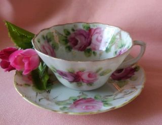 Vintage Handpainted Pink Roses Teacup & Saucer Set