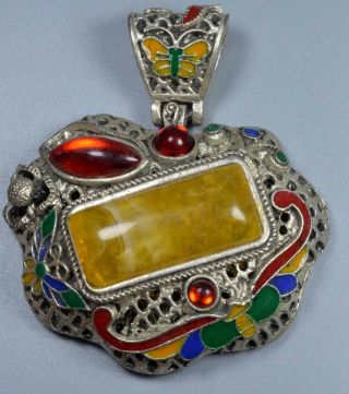 Handwork Collectable Old Miao Silver Carve Flower Inlay Agate Usable Art Pendant