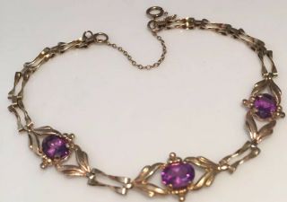 Vintage Jewellery 9 Ct Gold & Amethyst Links Bracelet Hallmarked