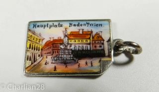 Antique Picture Charm Pendant Silver Enamel Austria Main Square Baden Wien A1088