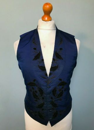 Vintage Antique Victorian Bespoke Brocade Blue Silk Waistcoat Size 38 40