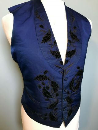 Vintage antique Victorian bespoke brocade blue silk waistcoat size 38 40 2