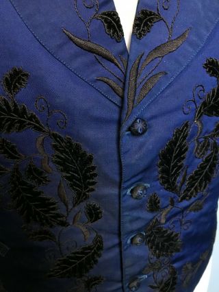 Vintage antique Victorian bespoke brocade blue silk waistcoat size 38 40 3