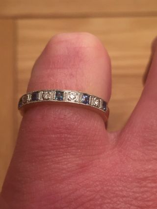 Art Deco 18ct Gold Princess Cut Sapphire & Diamond Half Eternity Ring Size K1/2