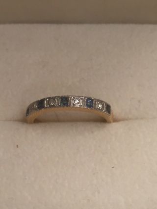 Art Deco 18ct Gold Princess Cut Sapphire & Diamond Half Eternity Ring Size K1/2 5