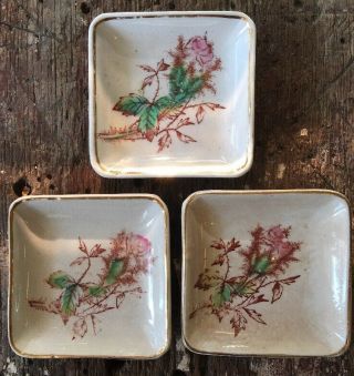 3 Antique Moss Rose White Ironstone Butter Pats Farmhouse