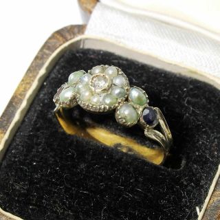 Rare Antique Georgian 15ct Gold Pearl Diamond Garnet Sapphire Ring Size M/6.  5