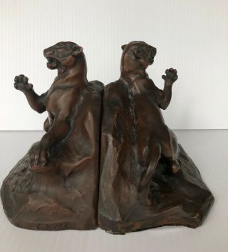 Rare Antique 1920 ' s Jennings Brothers JB 1619 Panther Bronze Bookends 6