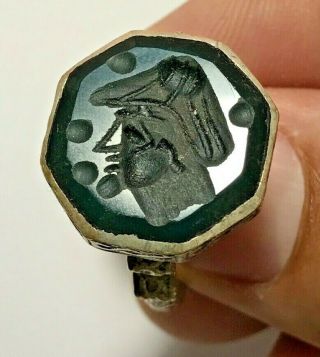 Late Medieval Silver Ring - Seal Of Soldier Green Stone 9.  8gr 32.  1mm (in 18.  8m