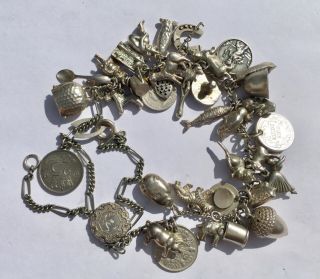 Large 39 Charm Vintage Sterling Silver Charm Bracelet / Chain 85g Grams