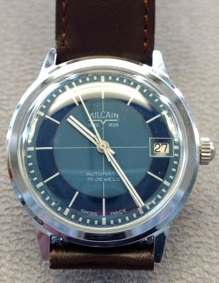 Rare Vintage Vulcain Automatic 17j Swiss Watch W/ Two - Tone Blue Crosshair Dial