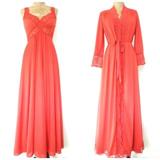 Vintage 80s Olga Nylon Full Sweep Peignoir Robe Gown Red Lace 9702 9294 Bodysilk