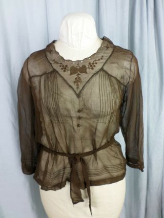 Antique 1920s Brown Sheer Chiffon Embroidery Blouse W/waist Tie - Bust 38/ S - M